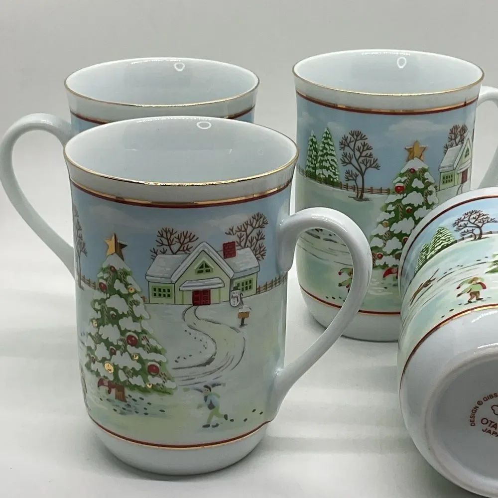 Set of 4 Vintage Otagiri Holiday Winter Scene Ceramic Mugs in Original Box